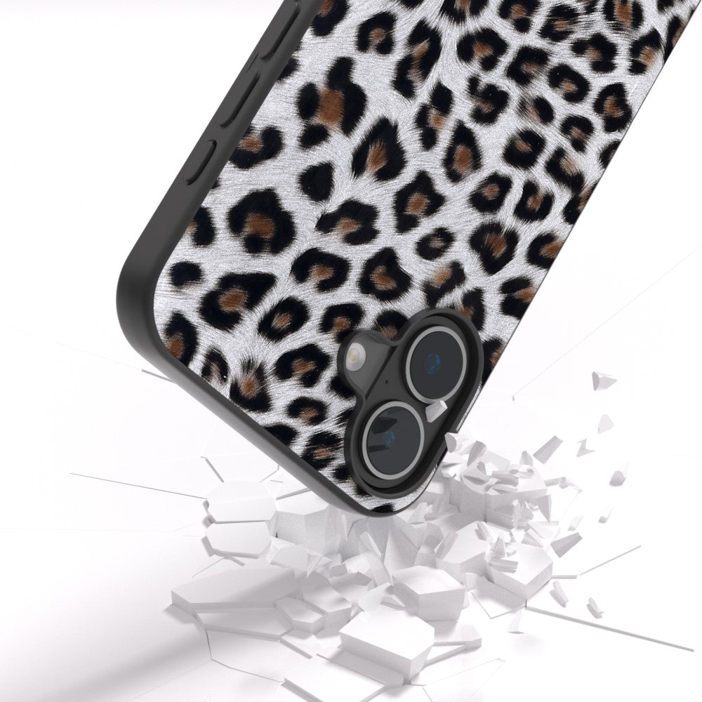 ABEEL iPhone 16 Case Vegan Leather Coated Flexible Leopard Phone Cover - Silver