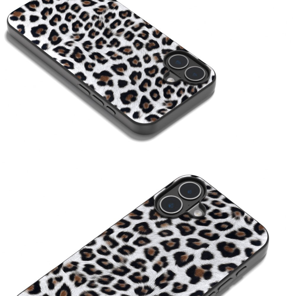 ABEEL iPhone 16 Case Vegan Leather Coated Flexible Leopard Phone Cover - Silver